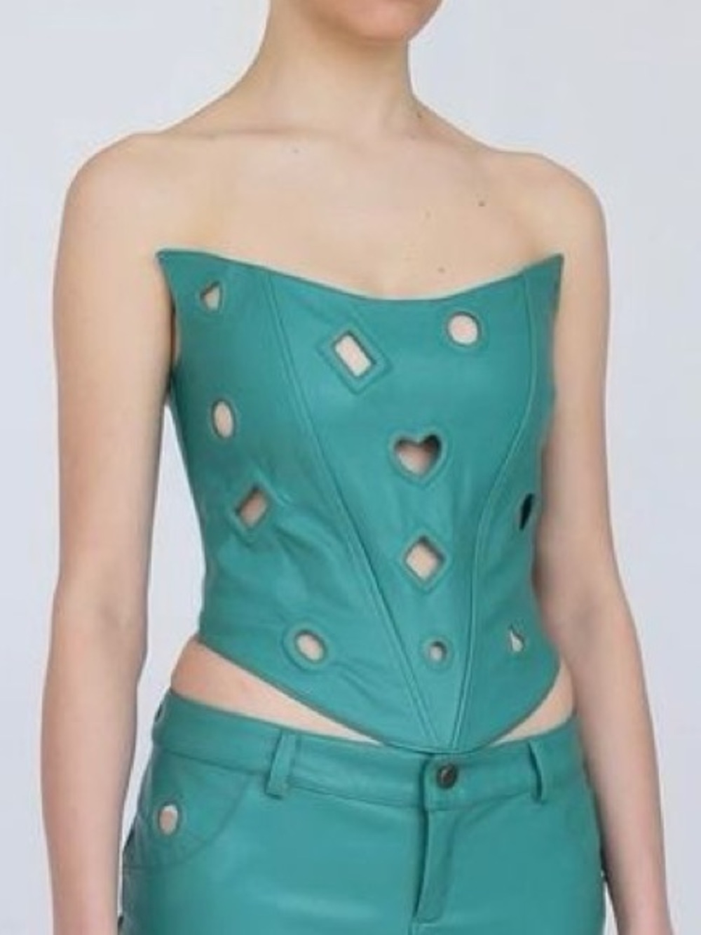 Lirika Matoshi strapless teal faux leather lace-up cutout corset top sz M medium